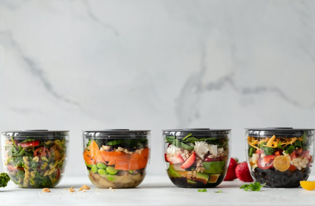 Four glass containers with meal-prepped healthy pasta and salad dishes.