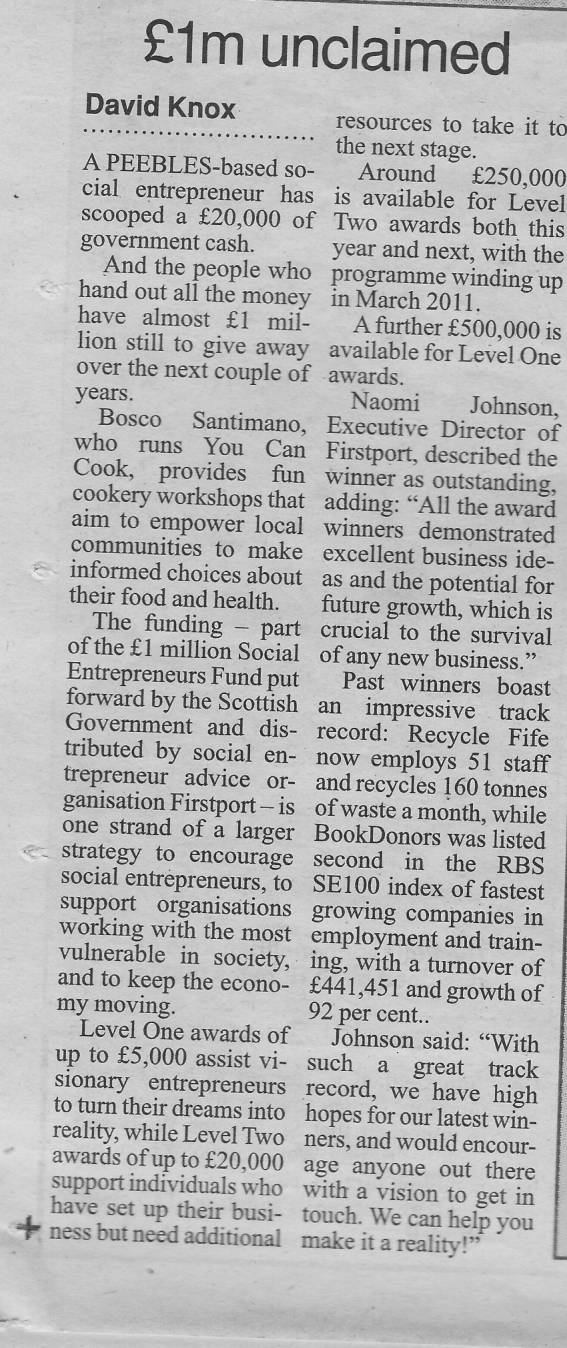 Press Clipping: A Peebles based social entrepreneur has scooped £20,000 of government cash